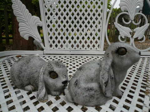 ADORABLE PAIROLDPOTTERY GARDEN RABBITS/BUNNIESORNAMENTS GLASS/ HARD PLASTIC EYES Cover