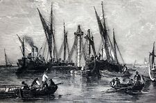 British Ship SAMUEL 1855 RAISING of BARQUE in THAMES LONDON Matted Antique Print