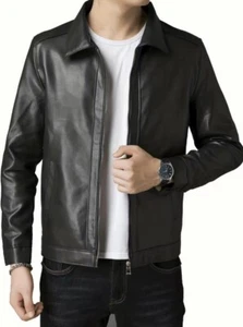 Men's Fancy Black Faux Leather Collared Jacket With Pockets - Large - Picture 1 of 5