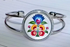 Beautiful Glass & Metal Cuff Bracelet - Polish Folk Art - Picture 1 of 2