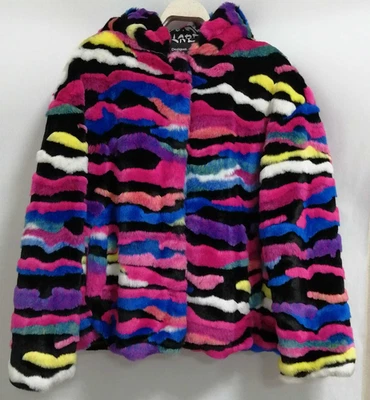 Desigual Colorful Faux Fur Jacket Hooded Women’s Size 42 Coat USED - Image 1 of 4