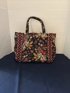 Vintage Vera Bradley Purse Tote Villager Shoulder Bag Black Floral Quilted - Picture 1 of 18