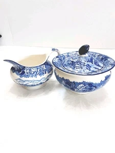 Enoch Woods Ware Blue White ENGLISH SCENERY Creamer & Sugar Bowl England - Picture 1 of 17