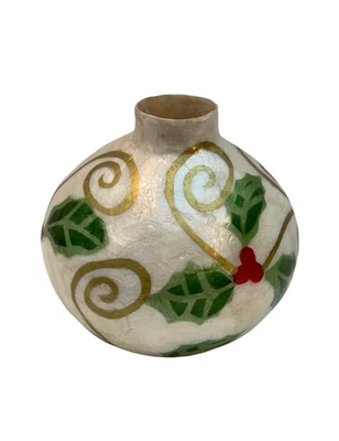 Vaso de arte Capiz Shell Natal azevinho feito à mão Filipinas branco multi 7"A x 7"W - Imagem 1 de 4