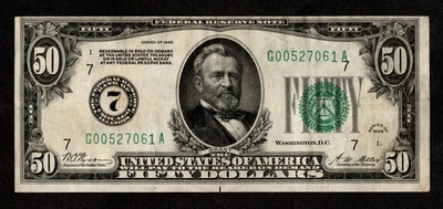 $50 1928 FRN NUMERAL SEAL (7) CHICAGO Gangster Money Ch VF - Image 1 of 2