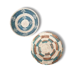 Lot of 2 Hand Woven Coiled Wall Baskets 14" Low Bowl African  - Picture 1 of 7