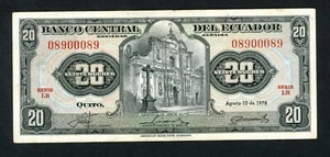 ECUADOR  20 SUCRES 1976  LB SIGN. J. SALAZAR PICK # 110  XF. - Picture 1 of 2