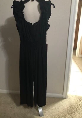 NWT VINCE CAMUTO "2" BLACK RUFFLE SHOULDER LINEN BLEND SHORT SLEEVE JUMPSUIT 148 - Изображение 1 из 4