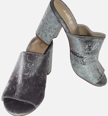 Туфли на блочном каблуке с открытым носком из серебристой бархатной ткани Shellys London Mules размер 9 - Изображение 1 из 4