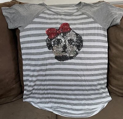 JUSTICE PUPPY LOVE T-SHIRT SZ 20 STRIPES GRAY/WHITE SHIMMERING SUPER CUTE!! - Image 1 of 3