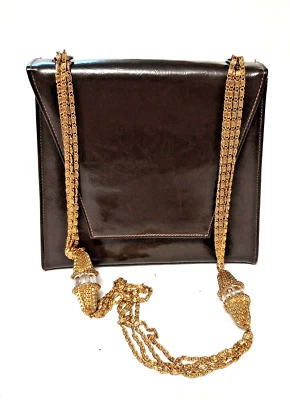 Bolso de Mano De Colección Sobre de Charol Marrón 4 Hilos Tono Dorado Acrílico Cadena Foto 1 de 4