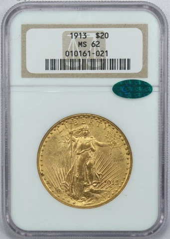 1913 Saint Gaudens $20 Gold Double Eagle, NGC MS62 CAC, Uncirculated BU Cover