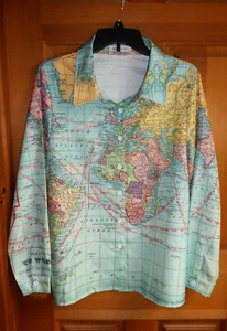 NEW! Misslook XL Women's WORLD MAP SHIRT Linen-look travel globe button front - Picture 1 of 5