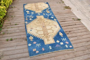 Turkish Rug 35''x80'' Vintage Tribal Rug Blue Oushak Carpet 91x204cm 2x6 - Picture 1 of 8