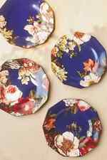 NEW Anthropologie Vanna Floral Dessert Plates Set of 4 Peony Rose Blue Fantasy