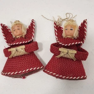 Vintage Angel Ornament Pair Red Burlap Yarn Hair Folk Style Christmas Tree Décor - Picture 1 of 7