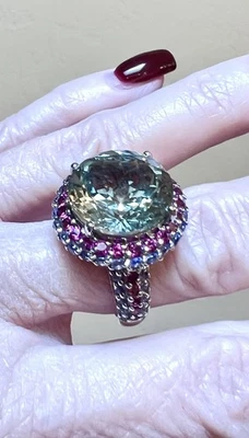 LINDO Designer GRANDE Anel de Granada de Prata Esterlina Prasiolita e Rodolita - Imagem 1 de 4