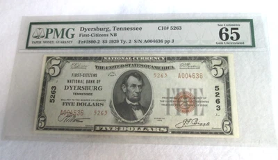 Charter#5263, $5, 1929 Type 2, Dyersburg Tennessee,  PMG/EPQ 65 - Image 1 of 2
