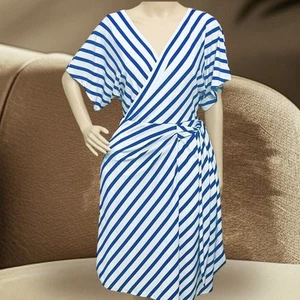 Ralph Lauren Dress Women 4 Blue White Vertical Striped Sleeveless Fit Flare Wrap - Picture 1 of 17
