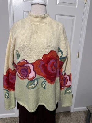 复古 Norm Thompson 女式羊毛 Cottagecore 花卉毛衣 L 码舒适二手状况完好 — 第 1/4 张图片