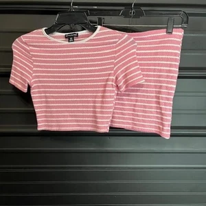 PrettyLittleThing Pink White Striped Knit Crop Top & Skirt Set - Size US 4 - Picture 1 of 8