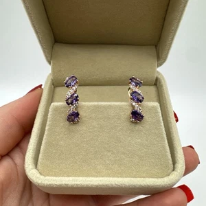 Amethyst Trilogy Drop Earrings 14ct Rolled Gold Bonded Hallmarked 585RG Gift - Picture 1 of 5