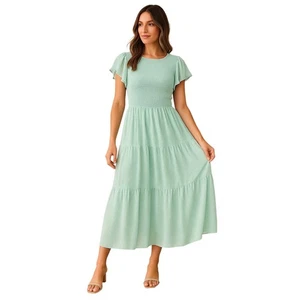 MEROKEETY mintgrünes gesmoktes Mieder Stufen Midi Cottagecore Kleid - Größe L - Bild 1 von 8