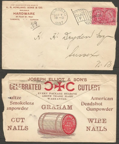 1897 Howland Sons Hardware Illustrated Advertising Cover 3c Jubilee Flag Toronto Cover