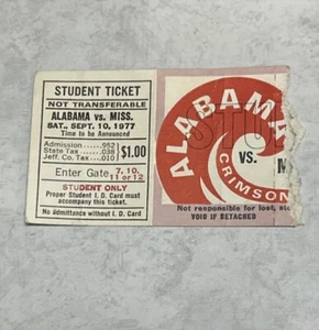 Vtg 1977 Alabama vs Ole Miss Original Student Ticket Stub Football AL Won 34-13 - Picture 1 of 3