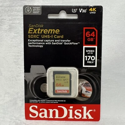 SanDisk 64GB Extreme SDXC 170MB/S U3 V30 4K SD Class 10 Memory Card SDSDXV2-064G - Image 1 of 2