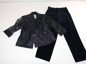 R&M Richards Women's Pant Suit Size 12 Petite Black Velvet Pants Sheer Sleeves P