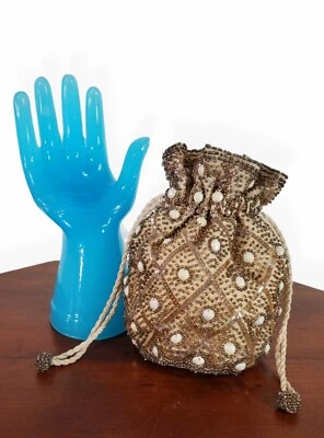 Vintage Beaded Reticule Purse - Gold Drawstring Handbag Made in Belgium - Image 1 of 4