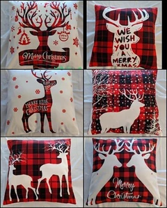Christmas Pillow Covers 18 X 18 Buffalo Check Plaid Reindeer - Picture 1 of 7