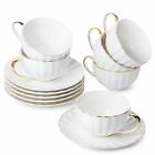 BTaT Tea Cups and Saucers Set of 6 7 oz with Gold Trim and Gift Box Cappuccino