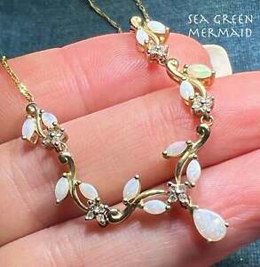 10k Gold Australian Opal + Diamond Pendant Festoon Necklace *Video*