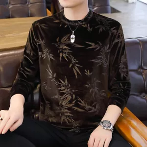 Men Floral Velvet Tops T-shirts Shirt Blouse Basic Casual Retro Ethnic Chic Soft - Picture 1 of 12
