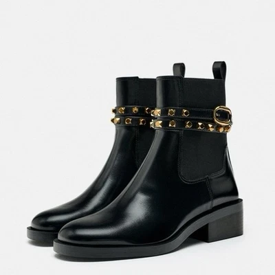 ZARA Studded Black Leather Chelsea Ankle Boots Removable Gold Studded Women US 9 - Image 1 of 4