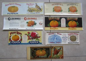 Collection of 7 Old Vintage 1890's - 1930's PUMPKIN Can LABELS - All Different - Picture 1 of 3