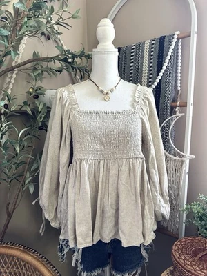 Blusa Grace + Karma Mezcla Viscosa/Lino Calada Fluida Globo Manga Corbata Talla M Foto 1 de 4