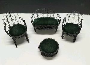 4 Pc Miniature Dollhouse Furniture Green Velvet Tin Can Scroll Tramp Art Metal - Picture 1 of 17