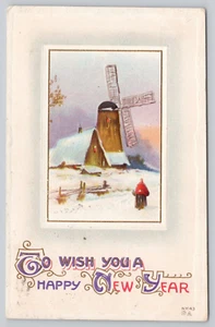 Postcard New Year Greetings Windmills c 1913 - Picture 1 of 2