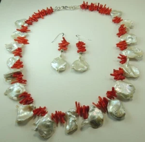 Keshi Pearl & Coral Statement Necklace  Earring Set Sterling Handcrafted Wedding - Picture 1 of 1