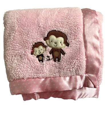 Carter's Child of Mine Pink Girl Baby Blanket Satin Trim Monkeys Lovey 35"x30" - Image 1 of 4