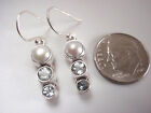 Faceted Blue Topaz And Cultured Pearl 925 Sterling Silver 3-gem Earrings Small