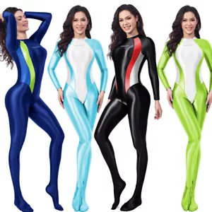 AMORESY Women Glossy Satin Breathable Tracksuit Patchwork Tights Sports Jumpsuit - Picture 1 of 28