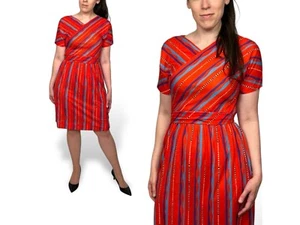 Rot gestreiftes leichtes Jerseykleid mit V-Ausschnitt gestreift 80er Vintage knielang - Bild 1 von 8
