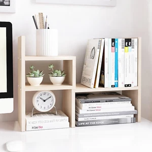 Desktop Organizer Office Storage Rack Adjustable Wood Display Shelf, White, 5 Un - Picture 1 of 7