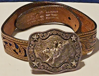 Cinturón para niños Nocona marrón con incrustación azul pergamino Western Bull Ridng hebilla N4439027 Foto 1 de 4