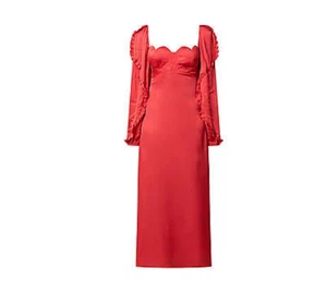 Farm Rio Heart Shaped Neck Midi Dress Womens Small Red Long Sleeve Anthropologie - Picture 1 of 12