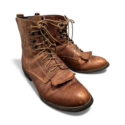 Botas ocidentais femininas Ariat Heritage Lacer II tamanho 8 couro marrom borla ótima - Imagem 1 de 4